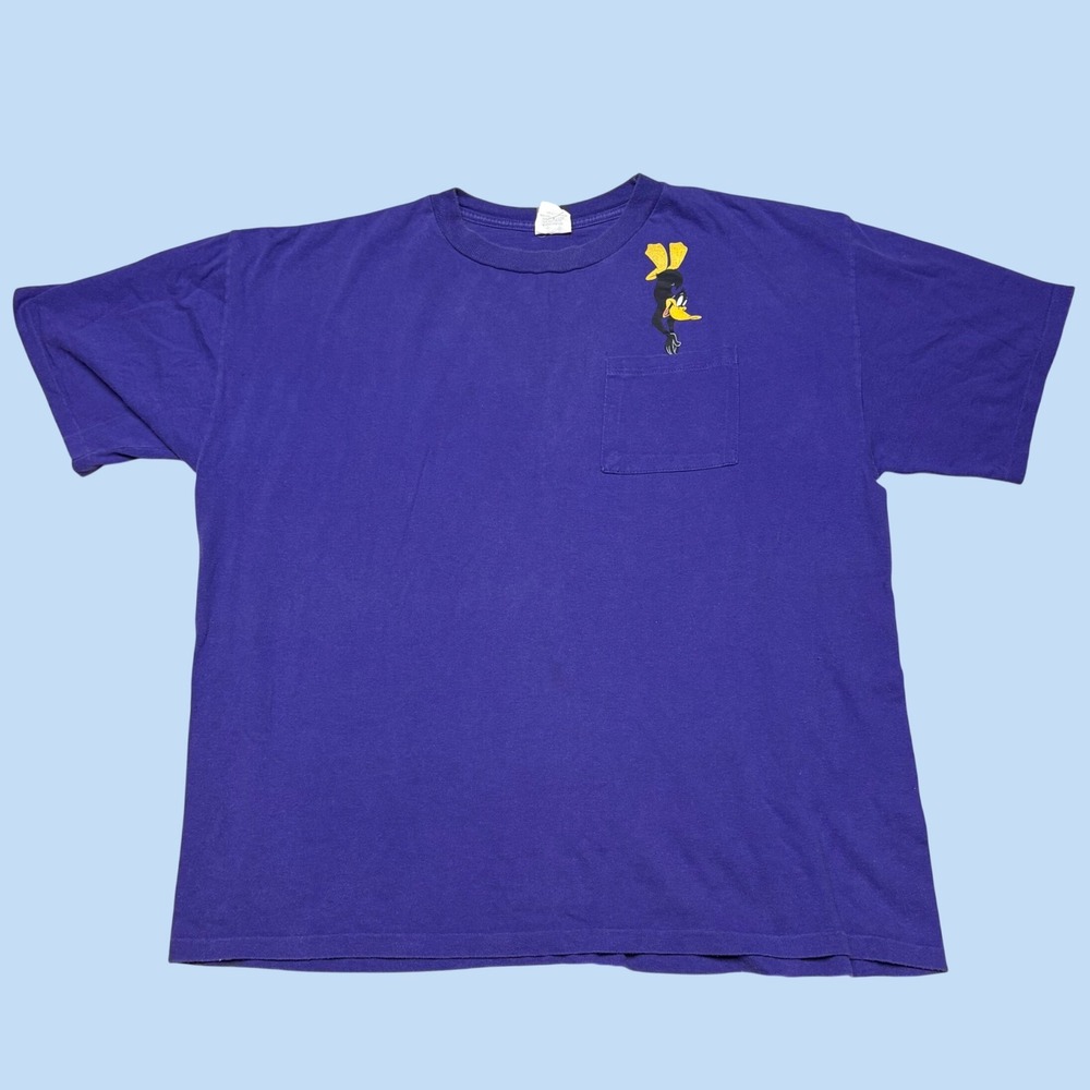 Vintage Looney Tunes Daffy Duck Pocket T-Shirt Purple XL 90s Single Stitch